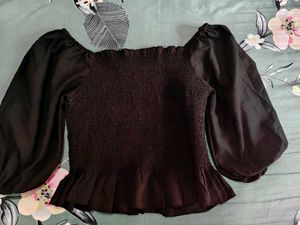 Black Smocked Puff Sleeve Top
