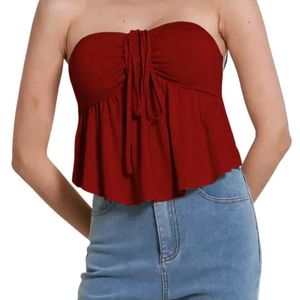 Red Ruched Tie-Front Tube Top