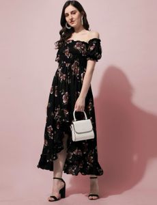 Women Ruffled Black Dress