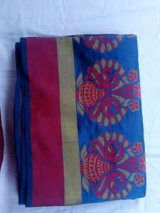 Blue Saree With Red Embroidery Detailing