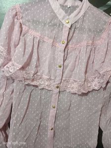 Pink sheer ruffle lace detail top 🩷