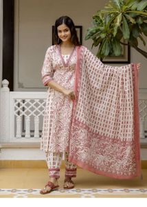 “Kalini” Floral Yoke Cotton Kurta 3piece Set