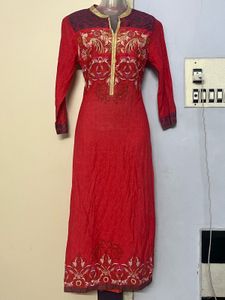 Embroidered Pure Cotton Red Kurta