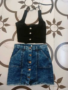 Black Top And Denim Skirt