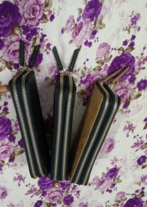 Leather Double Metal Zipper Womens Purse 3 Pcs