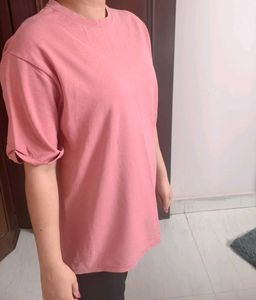 Women Pink Cotton Oversized Casual Tshirt
