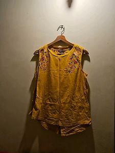 Mustard Sleeveless Embroidered Hi-Low Top