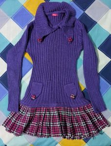 Purple Knit Dress with Plaid Skirt