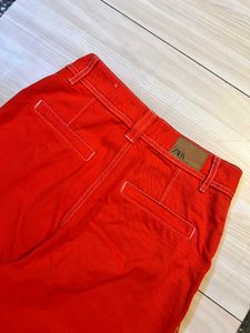 ZARA Red High-Waist Straight Pants 100% Cotton