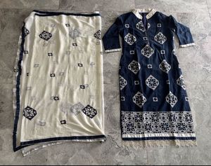Elegant Navy Blue and White Embroidered Kurta Set