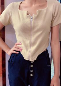 Trendy Beige Zip Up Crop Top
