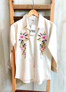 Baige Colour Embroidery Work Cotton Shirt Size-36
