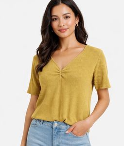 Mustard V-Neck Ribbed T-Shirt