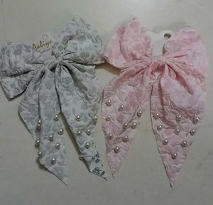 New Hair Bows  White with Grey &amp; Pink