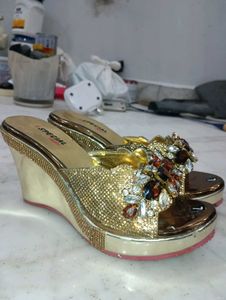 Gold Jeweled Wedge Sandals