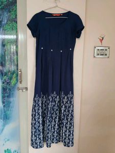Printed A-line Kurta Navy Blue