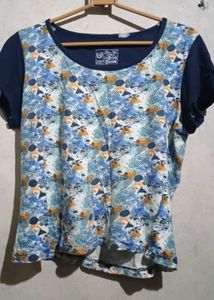 Abstract Print Tee with Navy Sleeves