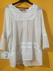 White Sheer Lace Trim Blouse
