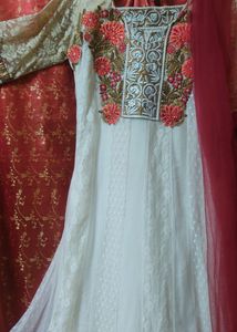 Off White And Maroon Soft Net Anarkali