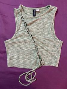 Sage Green Lace-Up Ribbed Crop Top