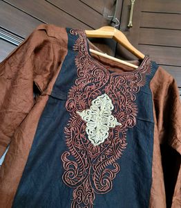 Women Brown Embroidered Cotton Mix Kurta