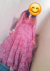 RED PRINTED FLARED KURTA SET WITH DUPATTA