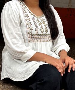 Embroidered White Top Short Kurti Size M