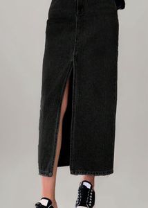 Black Denim Slit Midi Skirt