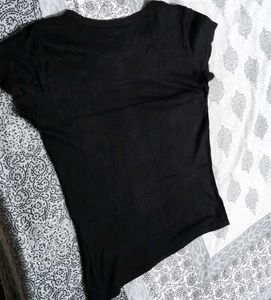 Women Black Cotton Embellished Logo Casual Tshirt