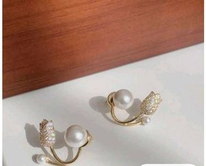 Gold Tone Tulip N Pearl Earrings