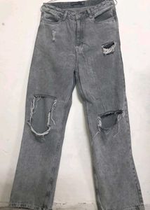 Grey Ripped Wide Leg Jeans