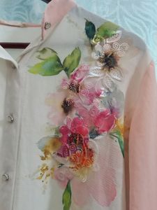 Pink White Crepe Top With Net Design