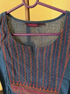 Blue Embroidered Neck Kurta