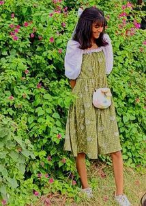 Boho Green Dress with Puff Sleeves