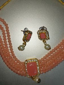 Coral Color Choker Necklace Set With Earrings