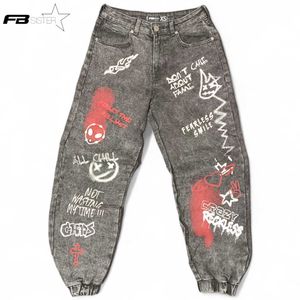 Y2K Aesthetic Printed Denim – Black Acid Wash 🖤