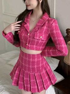 Chic Pink Skirt Set Plaid Korean Aesthetic