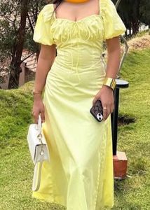 Yellow Puff Sleeve Midi Dress