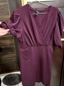 Burgundy Puff Sleeve Wrap Dress