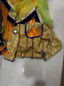 Vibrant Golden Blouse & Green Orange Ethnic Set
