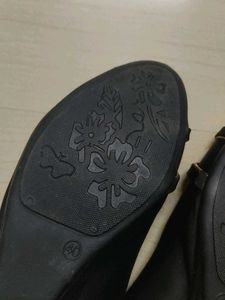 Black Peep-Toe Flats with Gold Accent