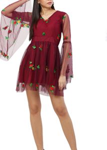 Burgundy Floral Embroidered Mini Dress