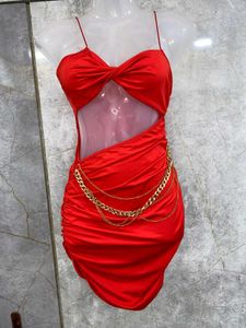 Luxe Midnight Muse–Red Satin Cut-Out Chain Mini