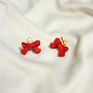 Red Bow Pearl Stud Earrings