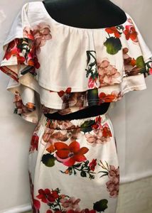 Floral Off Shoulder Cord Set With Pencil Skirt