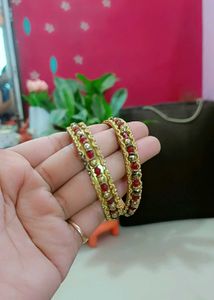 Gold & Red Beaded Bangles - Set of 2