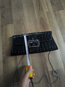 Black Croc Embossed Clutch with Chain Strap