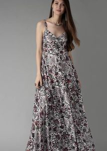 HERE&NOW Women White & Navy BluePrinted Maxi Dress
