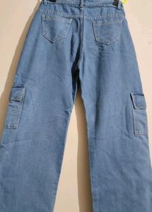 Blue Wide Leg Denim Cargo Jeans