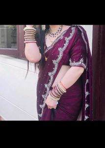 Beautiful handwork Wine Colour saree